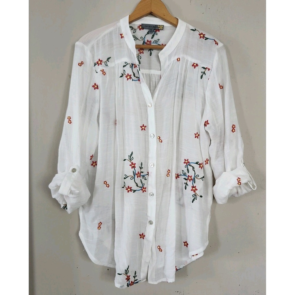 Figueroa & Flower Womens XL White Embroidered Floral Button Down Roll Tab Shirt